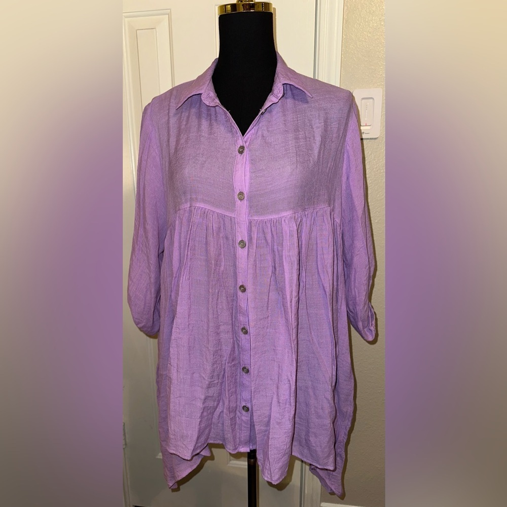 Zenana Purple Tiered Shirt Dress Boho Hi Low Button Front Collared S/M